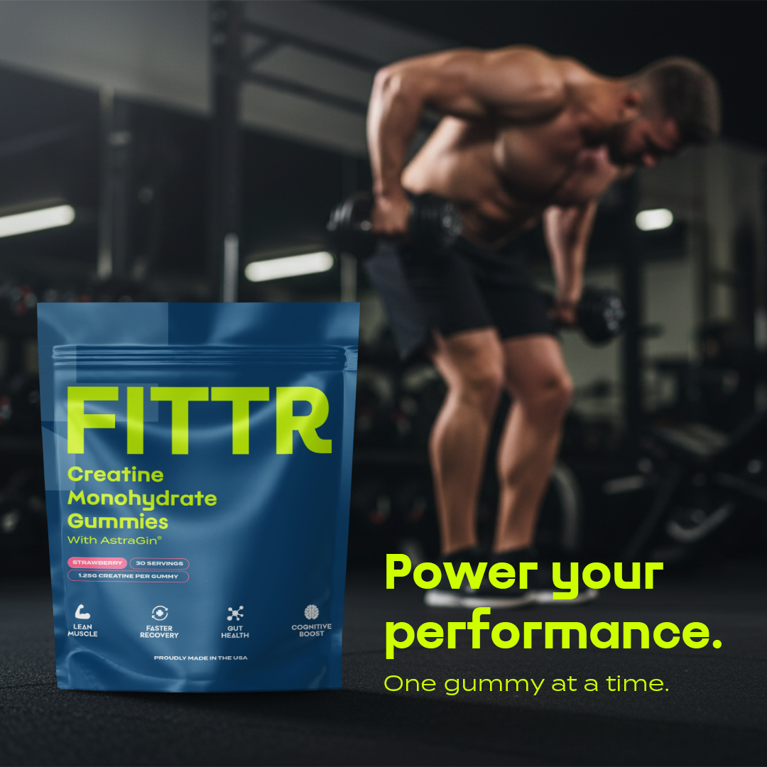 Man lifting weights in gym; FITTR Creatine Gummies Monohydrate power performance