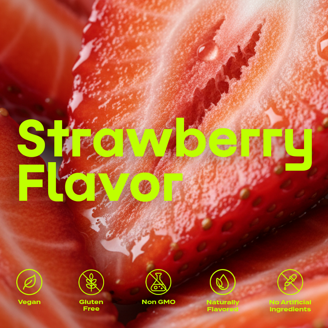 Strawberry Flavor close-up for FITTR Creatine Monohydrate Gummies; Vegan, Gluen Free, Non GMO, Naturally Flavored, No Artificial Ingredients